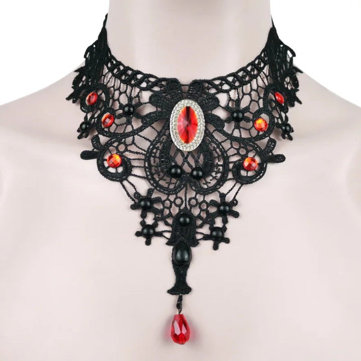 Steampunk Necklace With Red Pearls And Lace chic