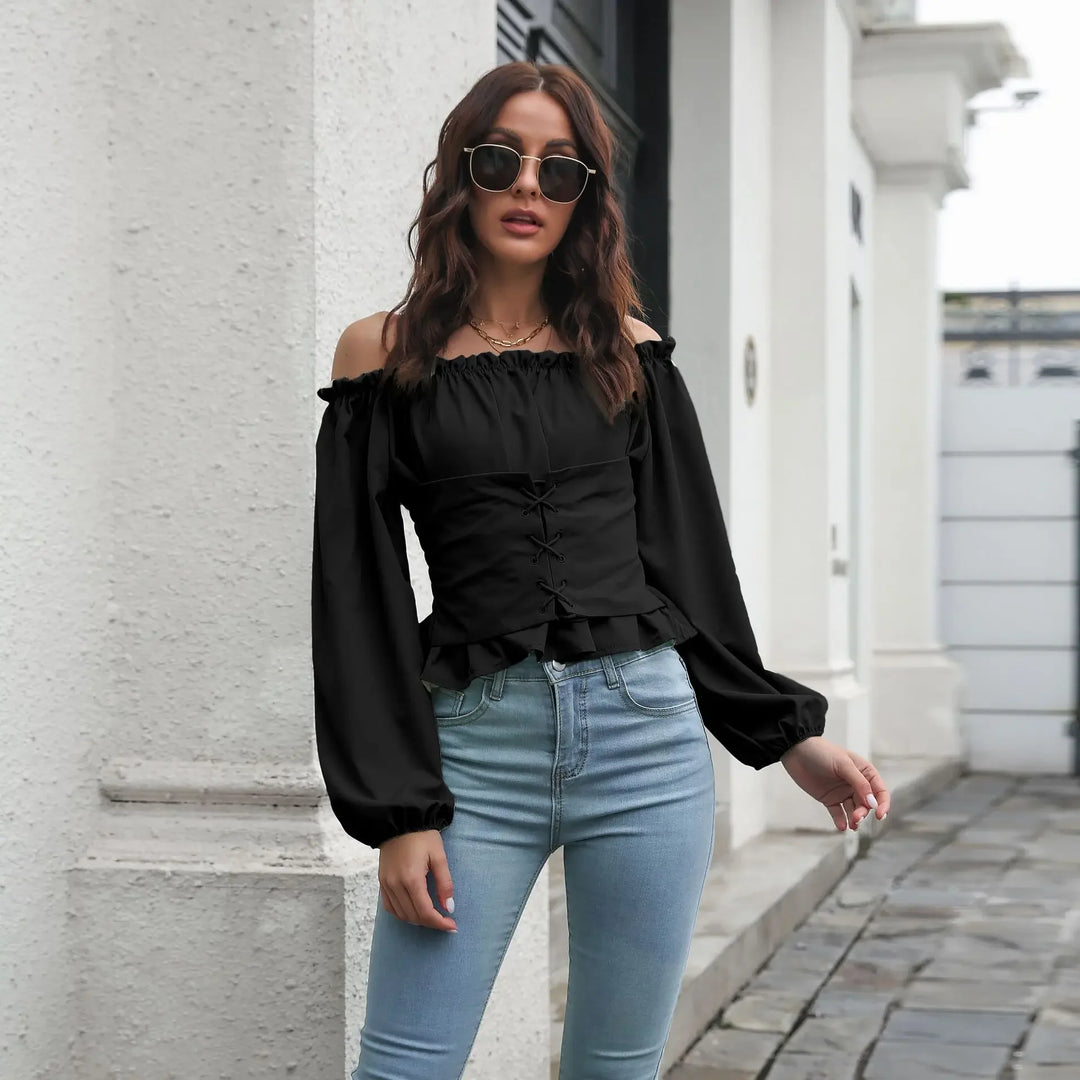 Steampunk Off-Shoulder Shirt Black Design