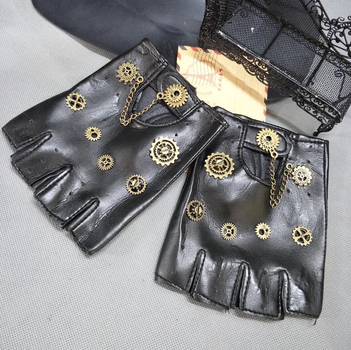 Steampunk PU Gloves with Gold Gears