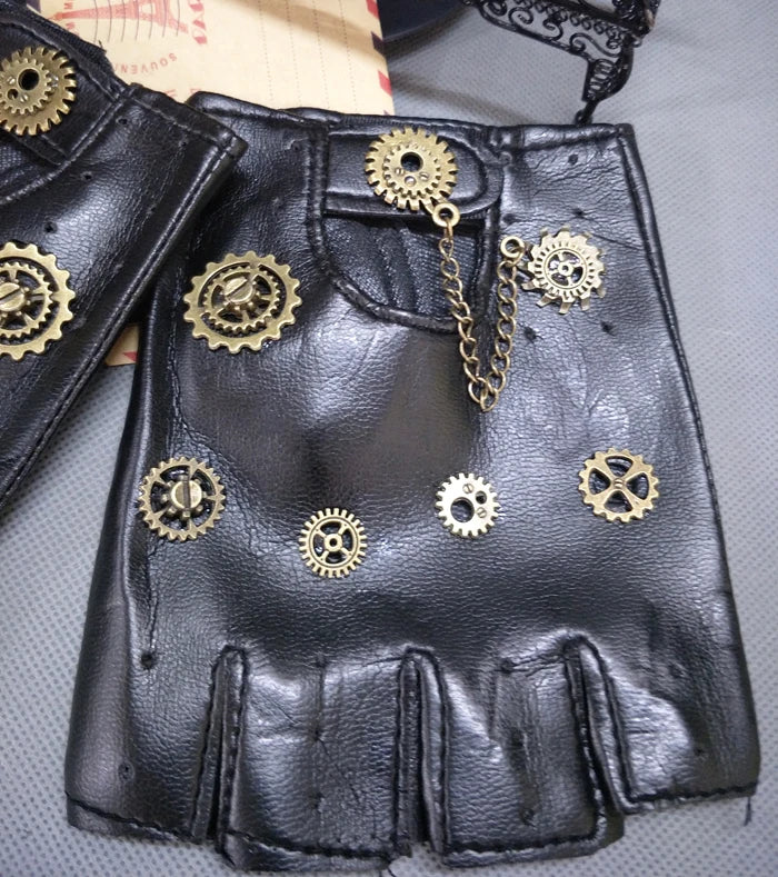 Steampunk PU Gloves with Gold Gears Black