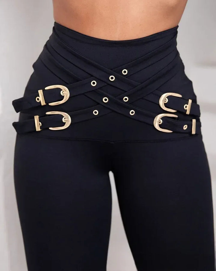 Steampunk Pants with Crossed Straps and Buckles Black
