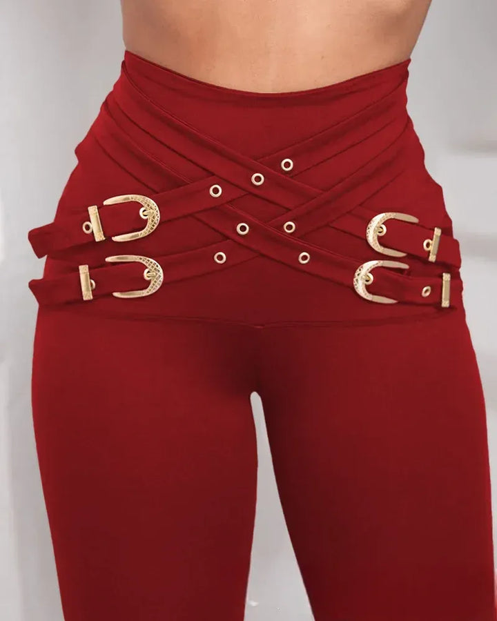 Steampunk Pants with Crossed Straps and Buckles Red