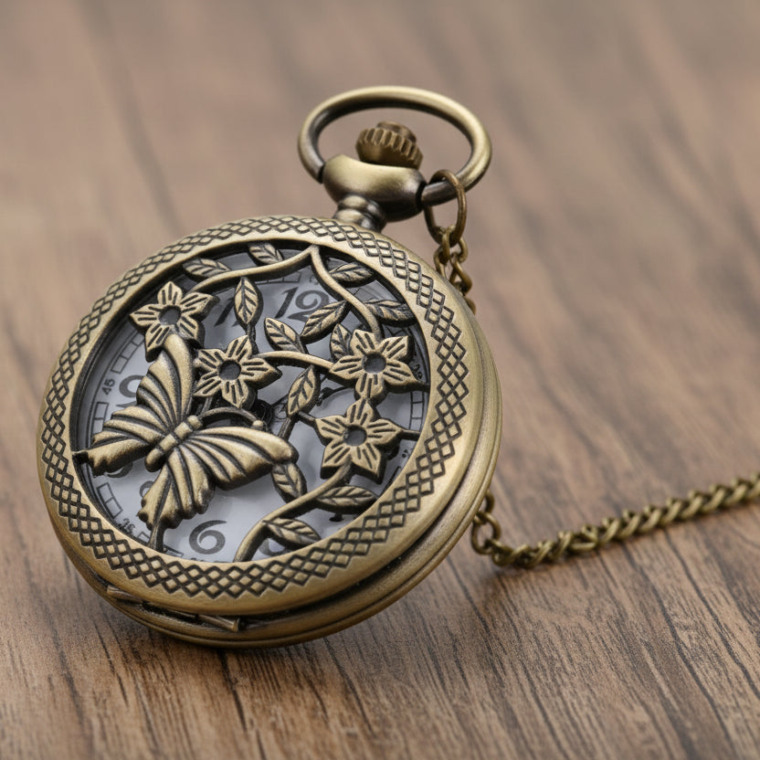 Steampunk Pocket Watch With Butterflies and Flowers
