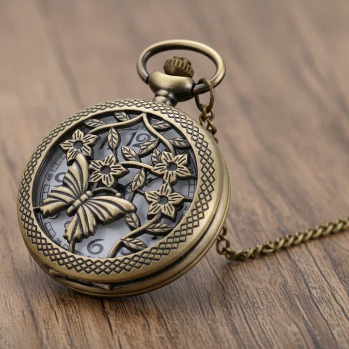 Steampunk Pocket Watch With Butterflies and Flowers