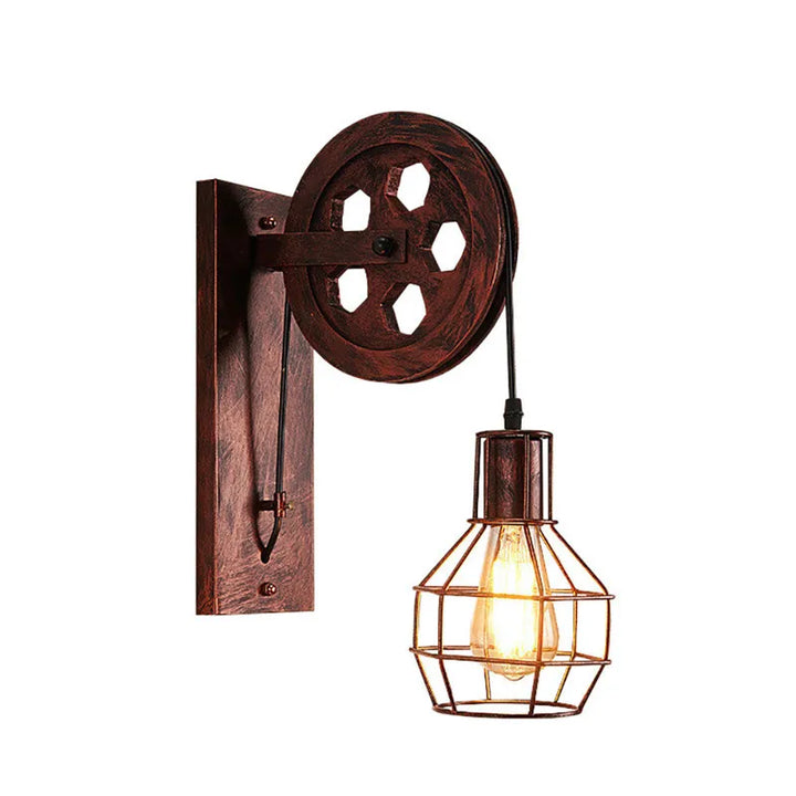 Steampunk Pulley Wall Lamp Red Rust