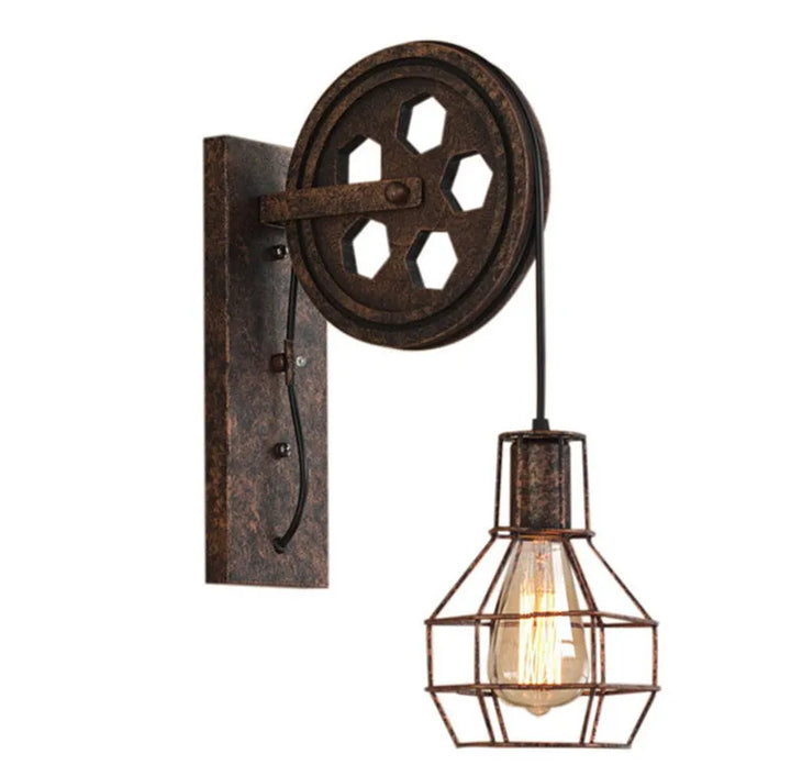 Steampunk Pulley Wall Lamp Rust