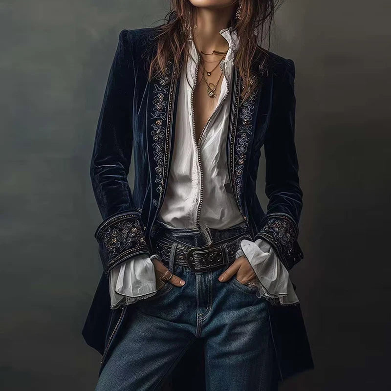 Steampunk Retro Ethnic Floral Jacket Navy Blue