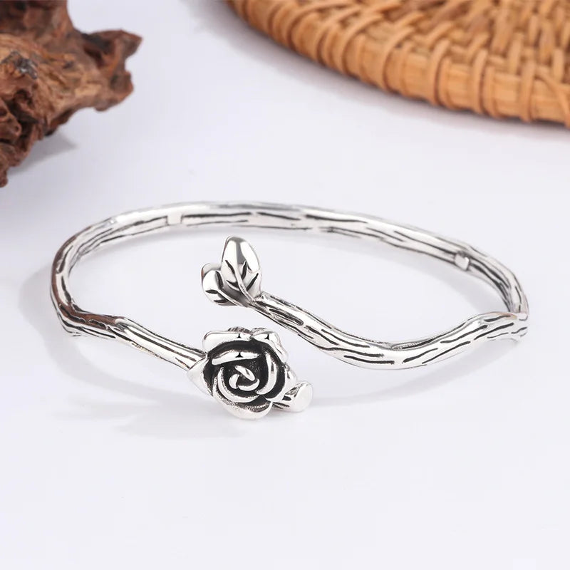 Steampunk Rose Flower Bracelet In Silver