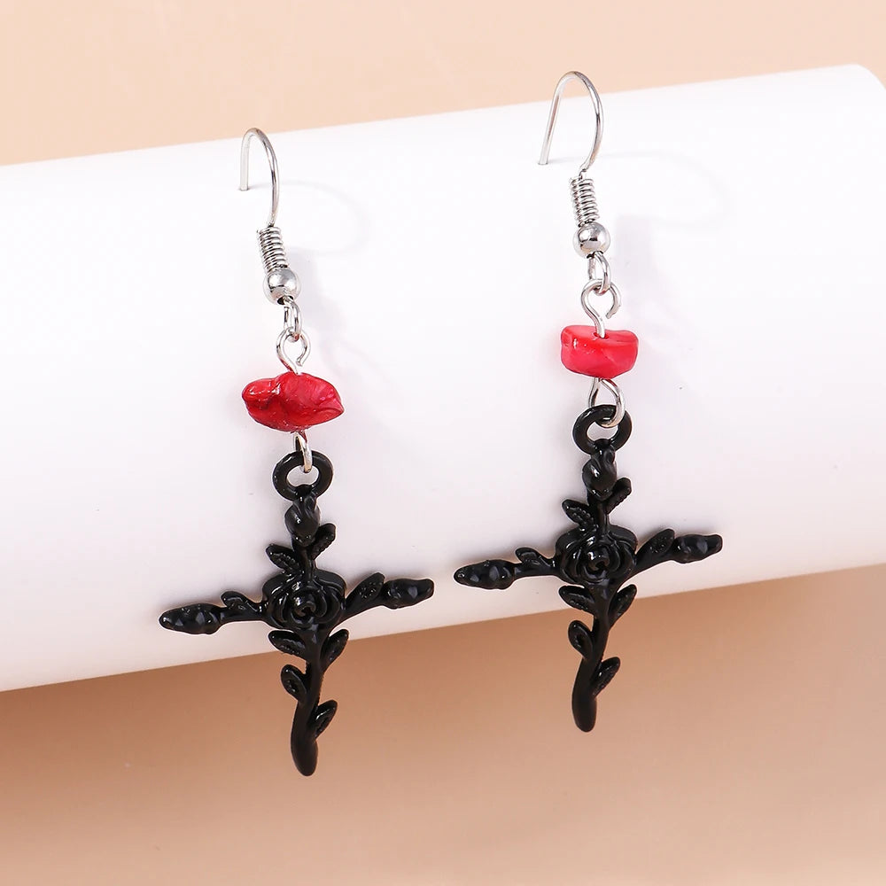 Steampunk Rose Flower Cross Earrings