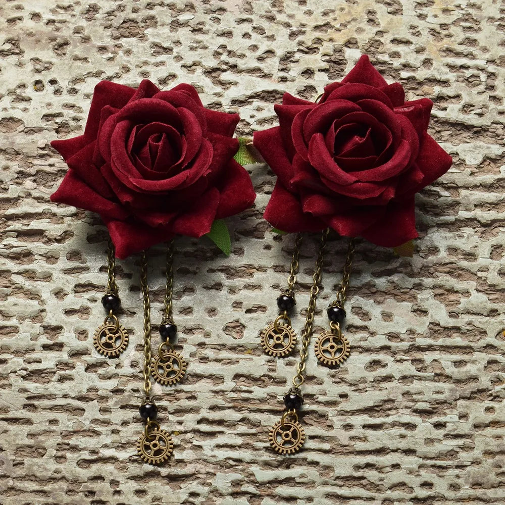 Steampunk Rose Flower Earrings with Gear Pendants