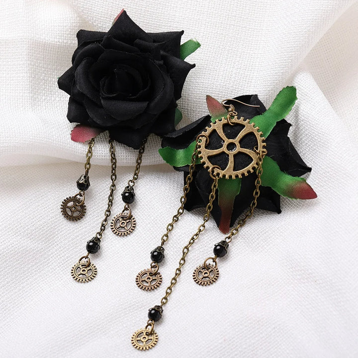Steampunk Rose Flower Earrings with Gear Pendants Black