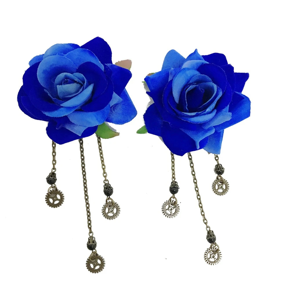 Steampunk Rose Flower Earrings with Gear Pendants Blue