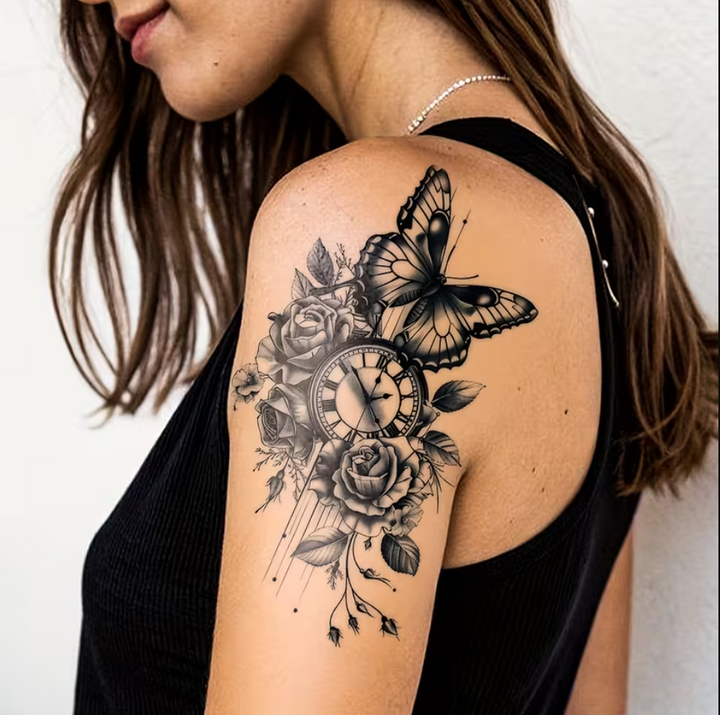 Steampunk Rose and Butterfly Tattoo with Watch