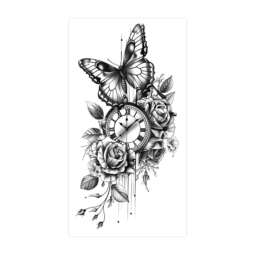 Steampunk Rose and Butterfly Tattoo with Watch stylish