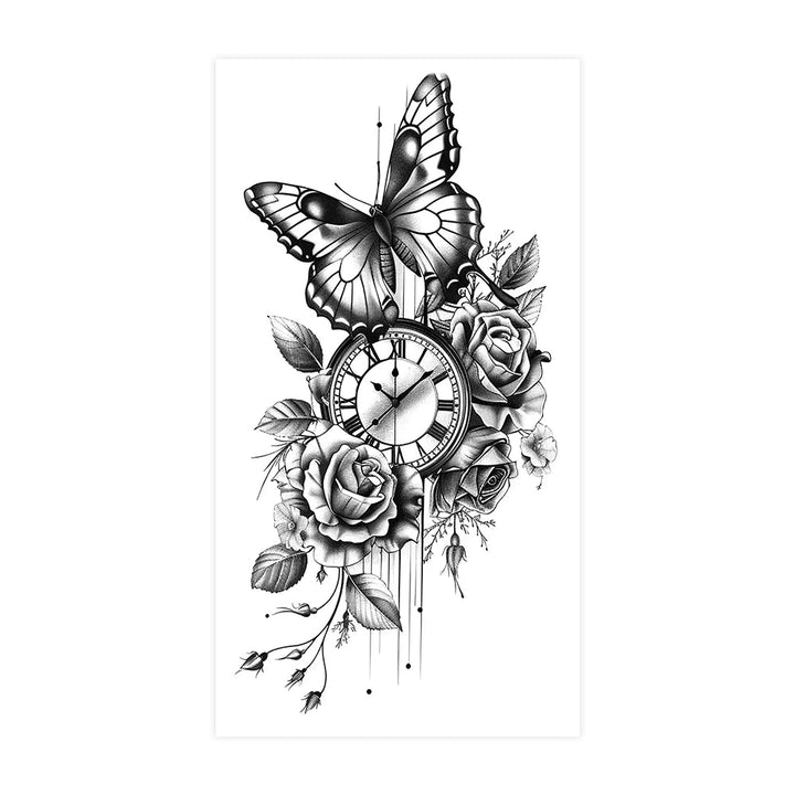 Steampunk Rose and Butterfly Tattoo with Watch stylish
