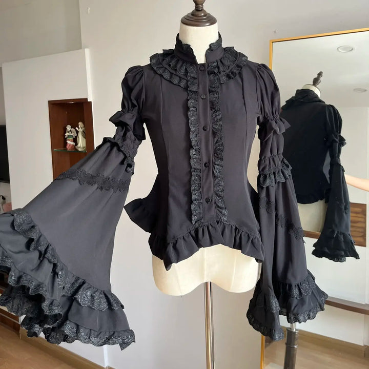 Steampunk Ruffled Shirt With Flared Sleeves Black