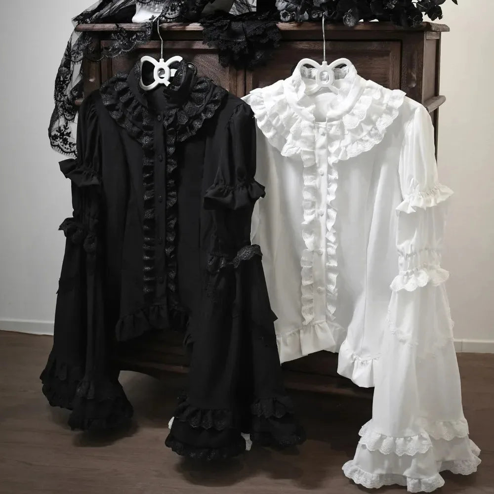 Steampunk Ruffled Shirt With Flared Sleeves Black and White