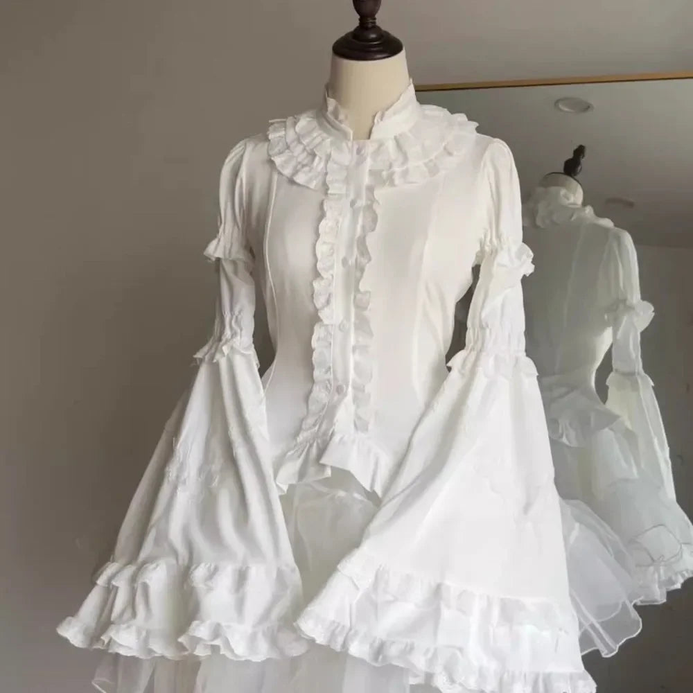 Steampunk Ruffled Shirt With Flared Sleeves White