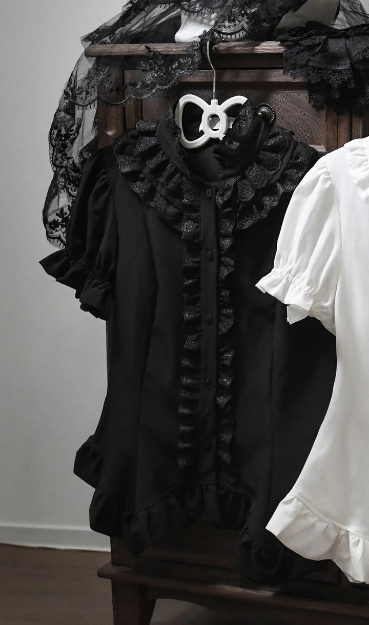 Steampunk Ruffled Short-Sleeved Shirt Black