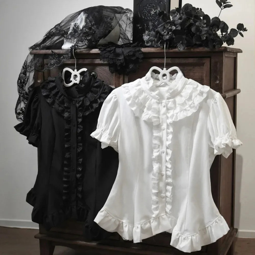 Steampunk Ruffled Short-Sleeved Shirt Black and White