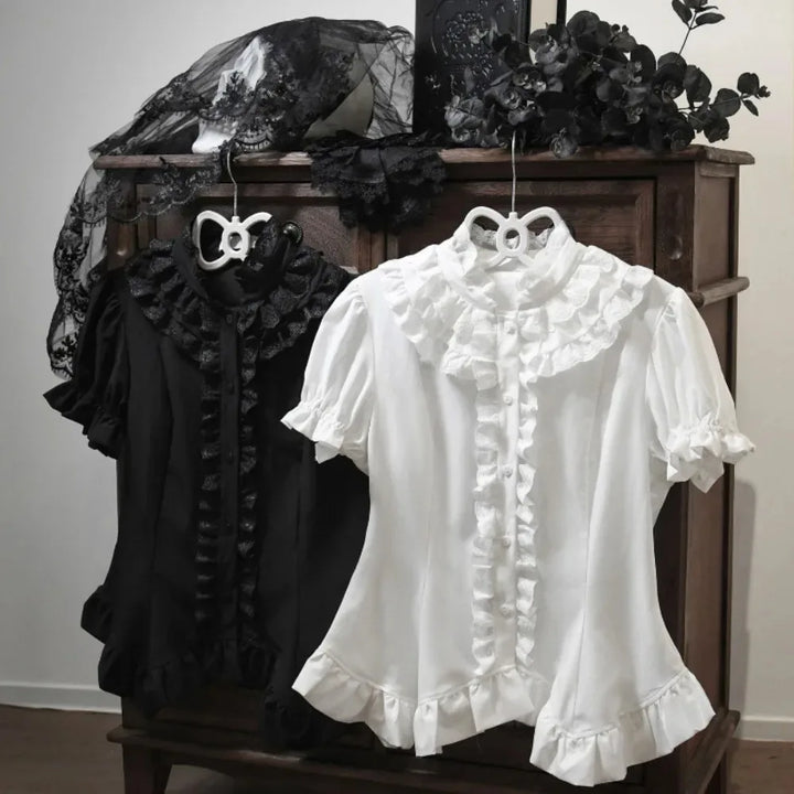 Steampunk Ruffled Short-Sleeved Shirt Black and White