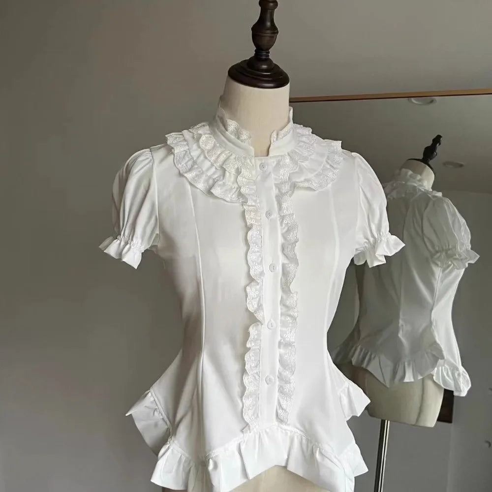 Steampunk Ruffled Short-Sleeved Shirt White