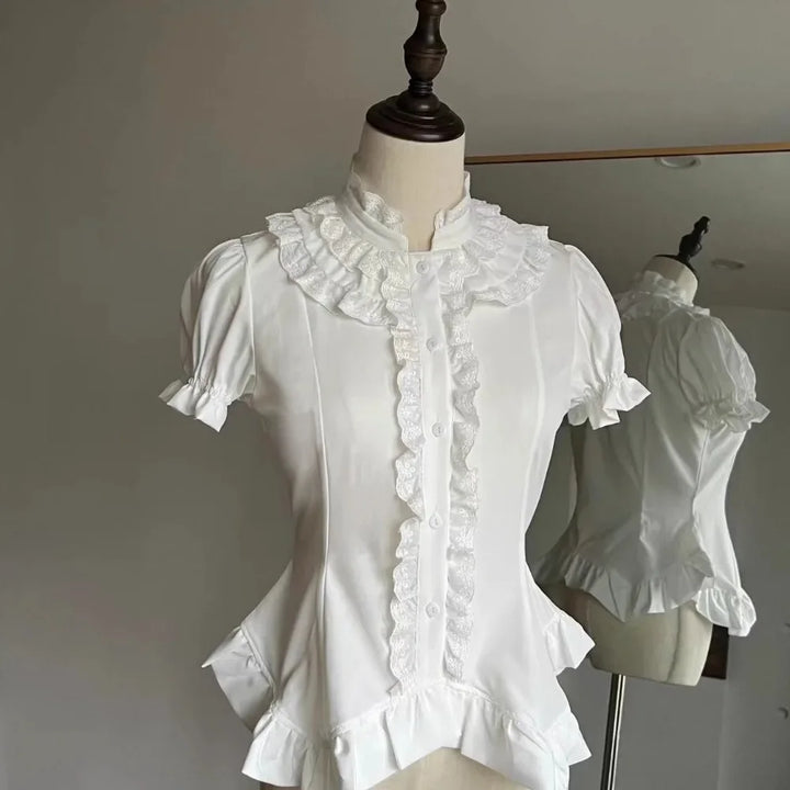 Steampunk Ruffled Short-Sleeved Shirt White