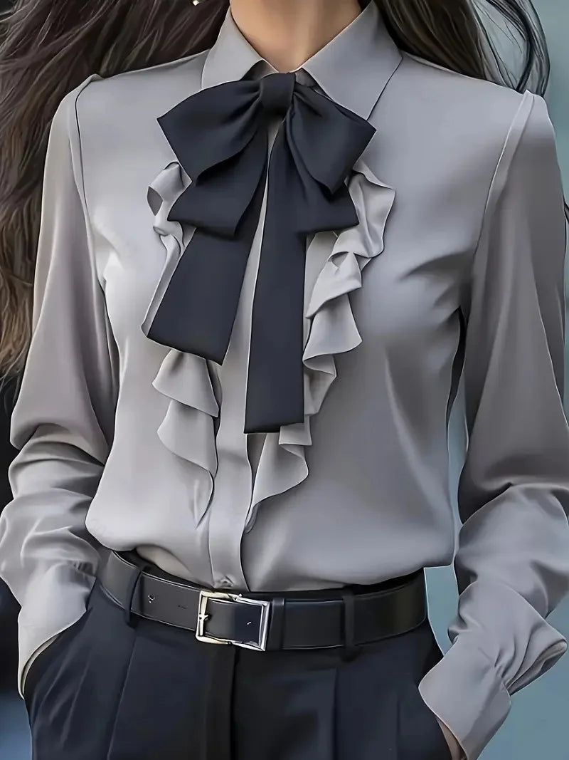 Steampunk Shirt Ruffled with Bow Grey