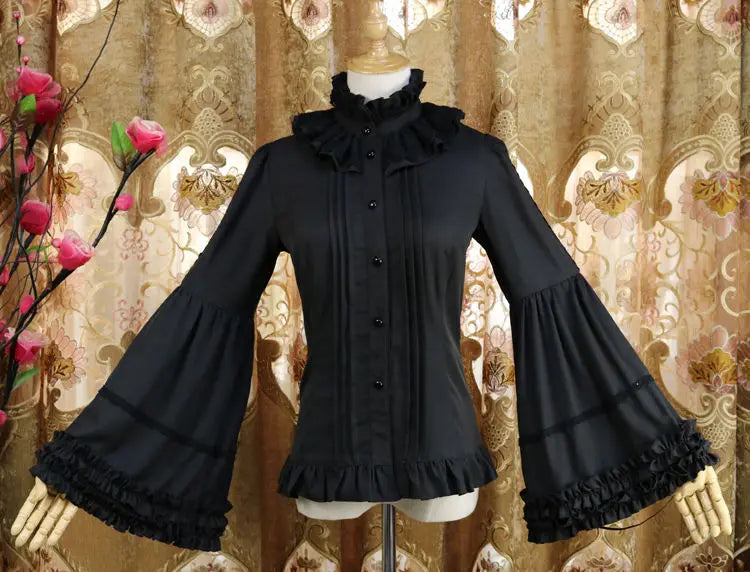 Steampunk Shirt With High Collar and Ruffles Black