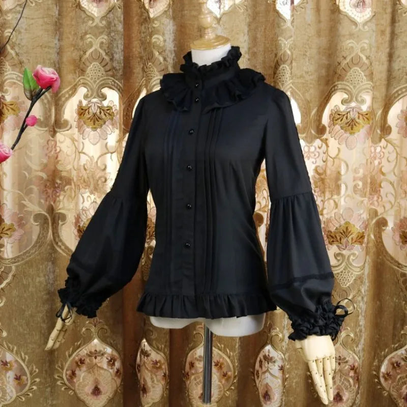 Steampunk Shirt With High Collar and Ruffles Black Style