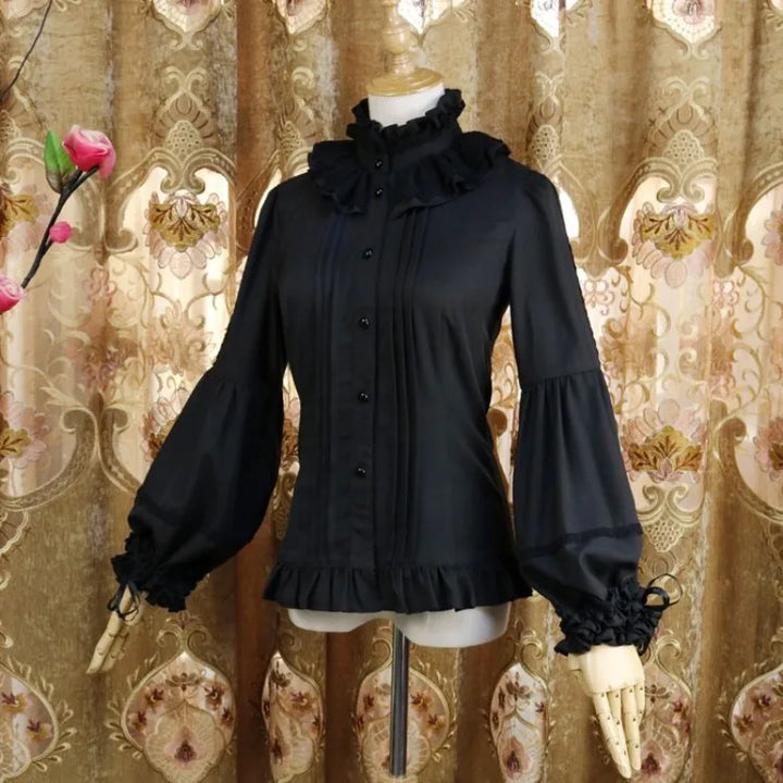 Steampunk Shirt With High Collar and Ruffles Black Style