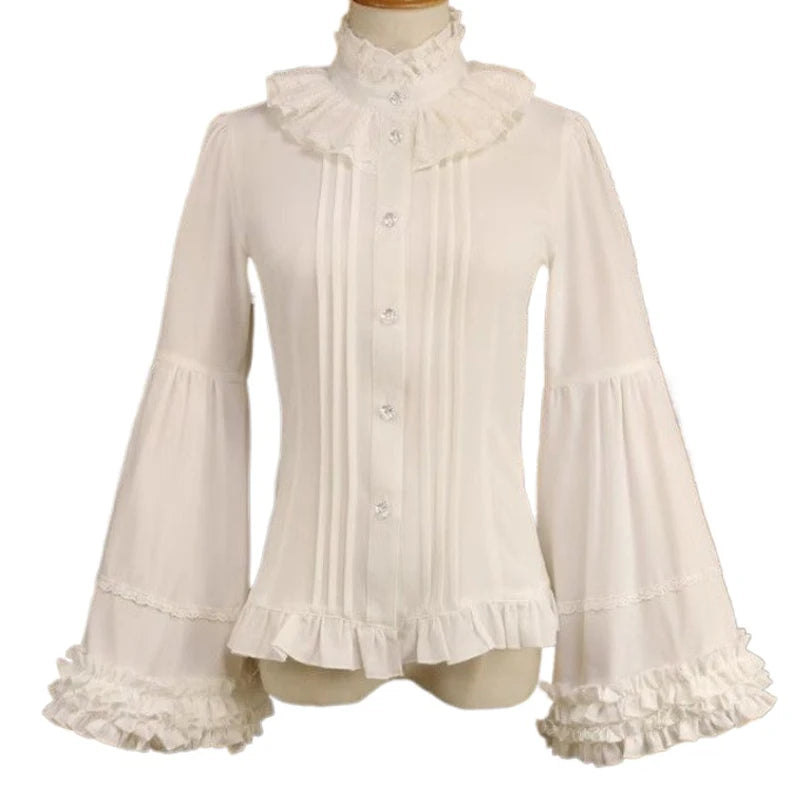 Steampunk Shirt With High Collar and Ruffles White