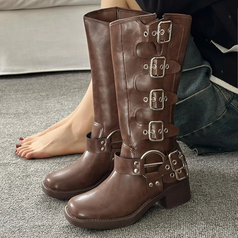 Steampunk Square Heel Boots Brown