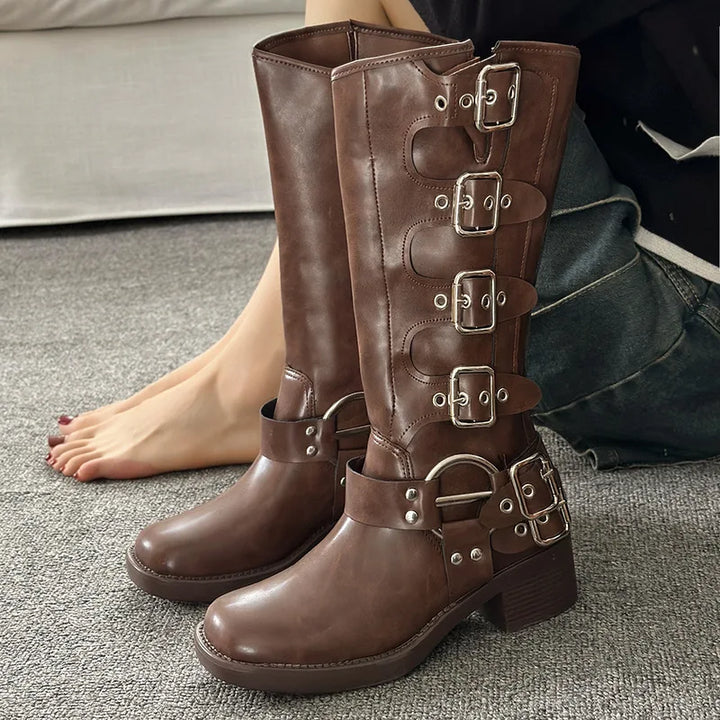Steampunk Square Heel Boots Brown