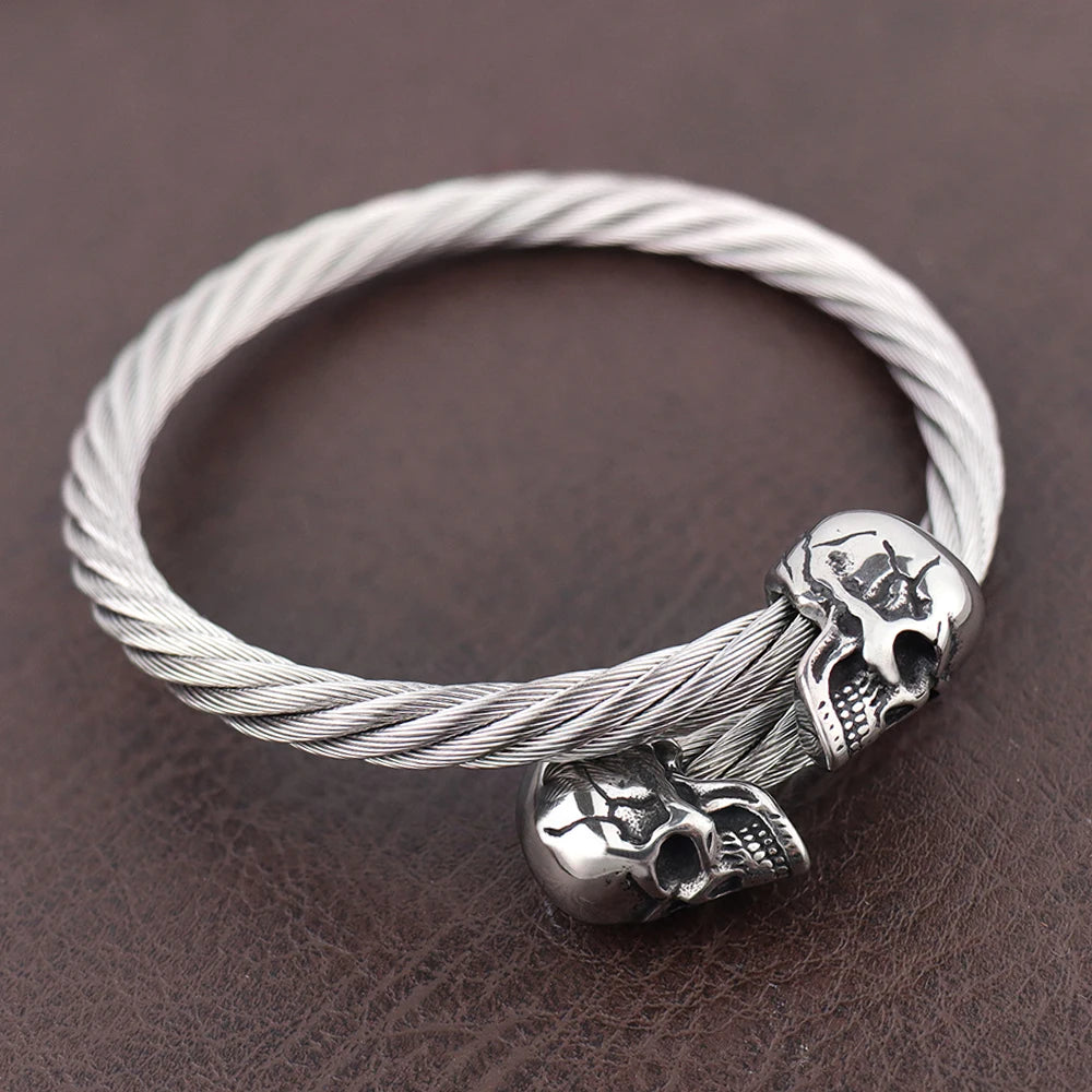 Steampunk Stainless Steel Double Skull Bracelet