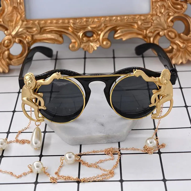 Steampunk Sunglasses with Pearl Chain Black