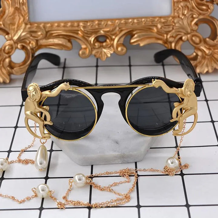 Steampunk Sunglasses with Pearl Chain Black