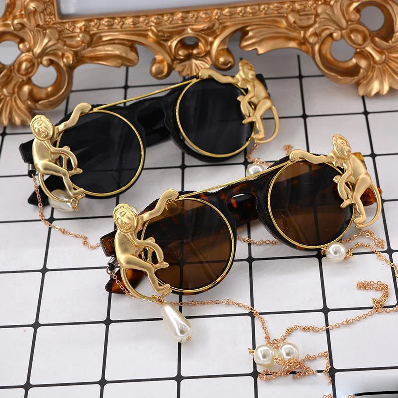 Steampunk Sunglasses with Pearl Chain Both