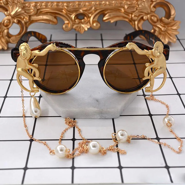 Steampunk Sunglasses with Pearl Chain Brown