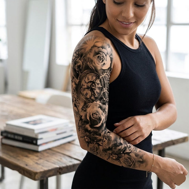 Steampunk Tattoo Woman Rose Flowers