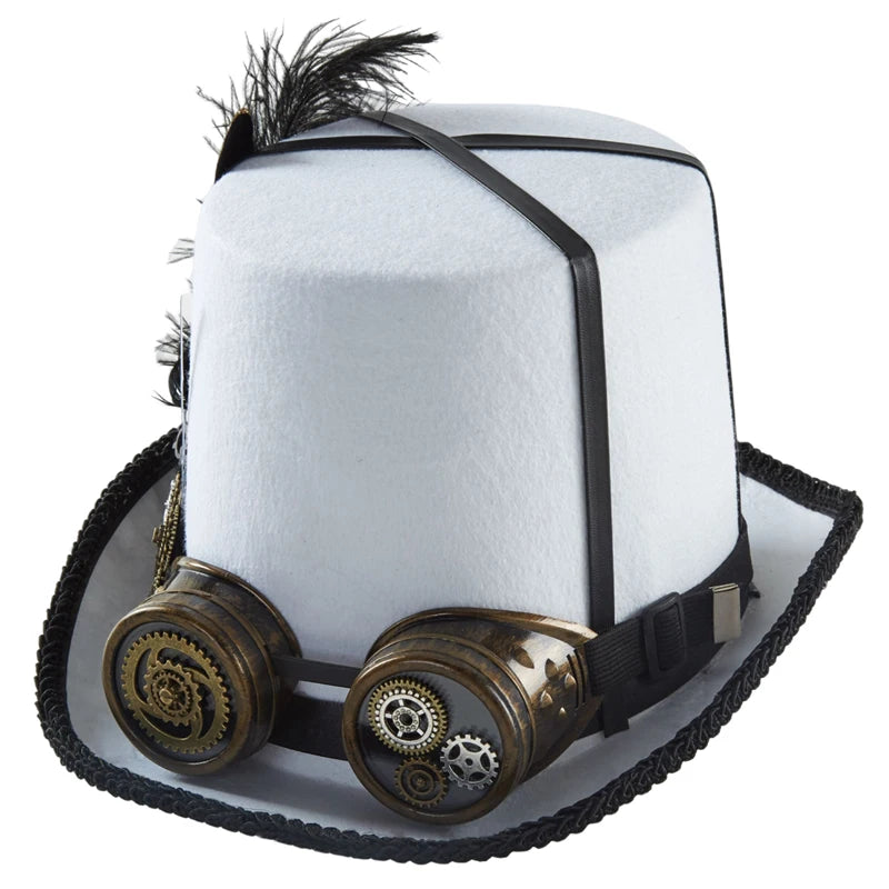 Steampunk Top Hat with a Feather White