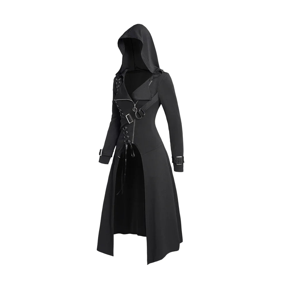 Steampunk Trench Coat with Hood Black