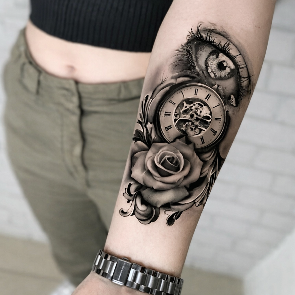 Steampunk Watch And Rose Tattoo chic