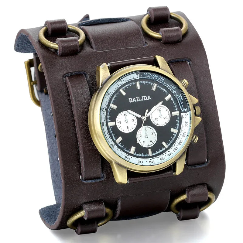 Steampunk Watch With a Wide Leather Strap refined