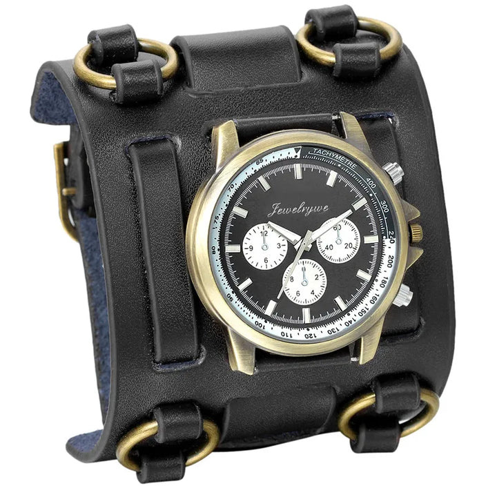 Steampunk Watch With a Wide Leather Strap eye-catching