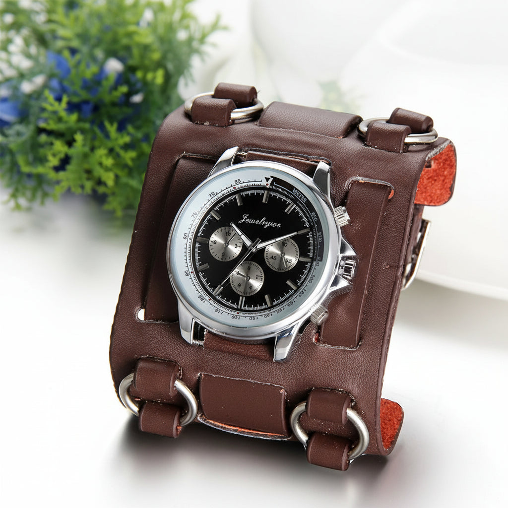 Steampunk Watch With a Wide Leather Strap rugged