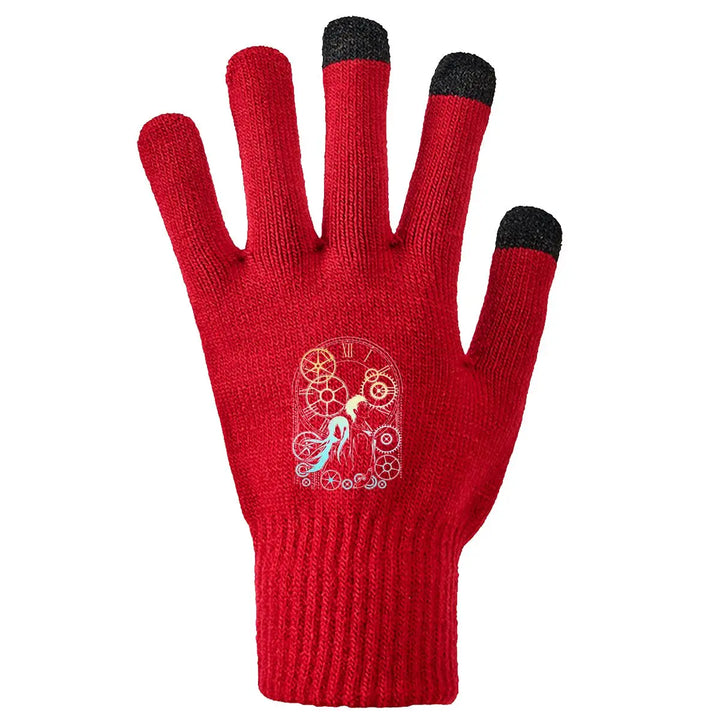 Steampunk Winter Gloves with Gear Pattern Red