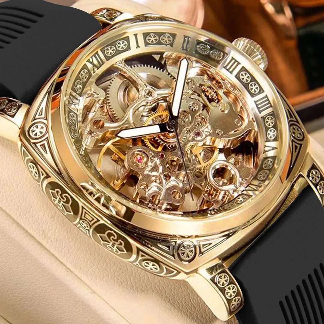 Steampunk Wristwatch with a Colorful Strap Gold Black