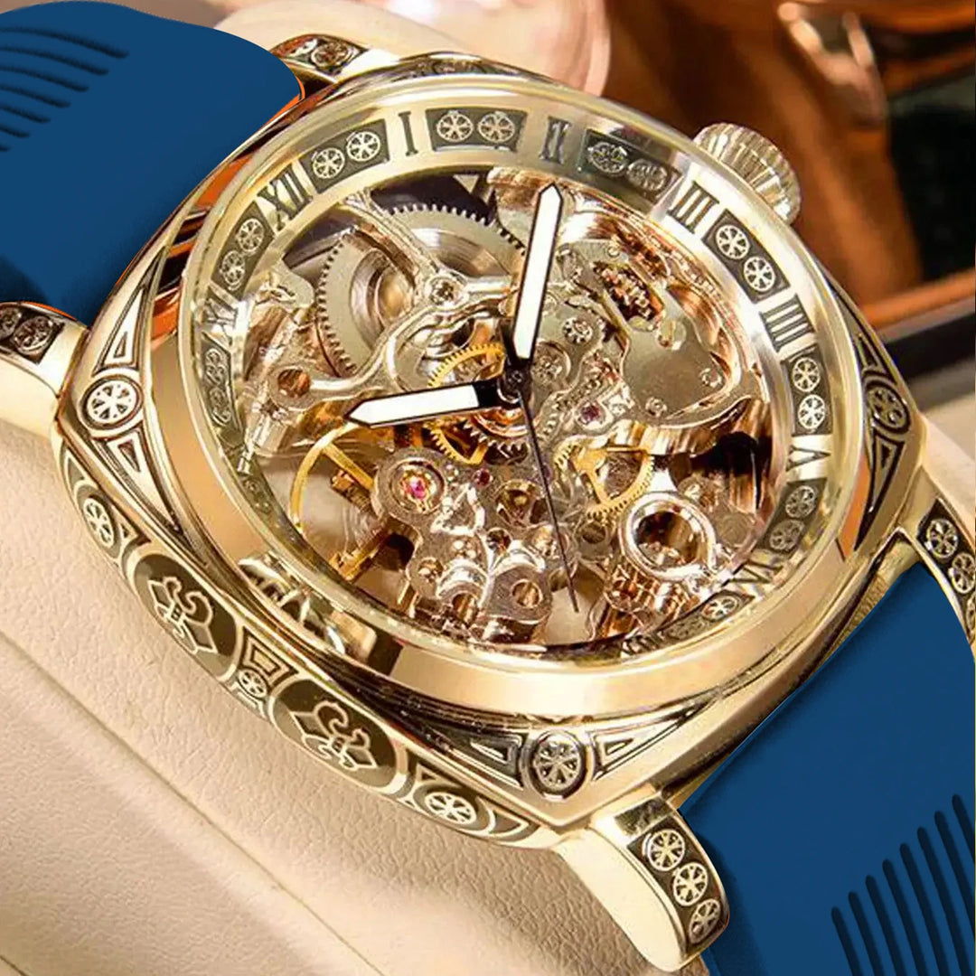 Steampunk Wristwatch with a Colorful Strap Gold Blue