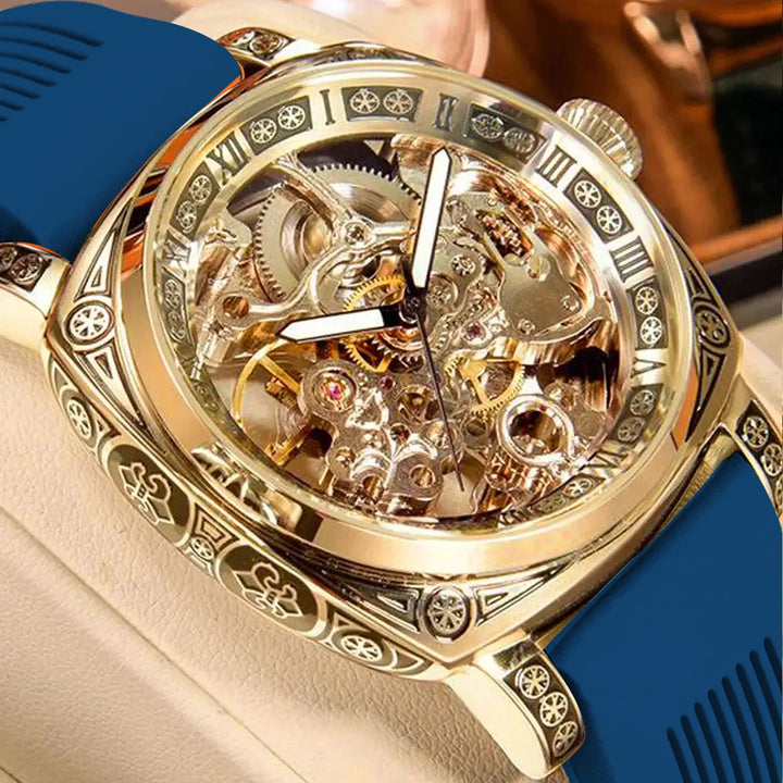 Steampunk Wristwatch with a Colorful Strap Gold Blue